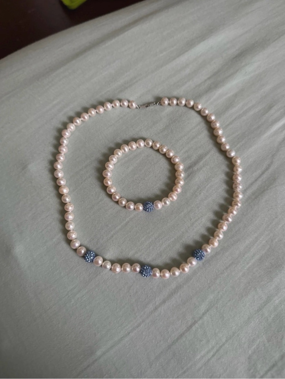 Classic Pearl Necklace and Bracelet Set with Blue Accent Beads